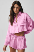 Silk Luminous Cropped Button Down Long Sleeve - Candy Heart Pink